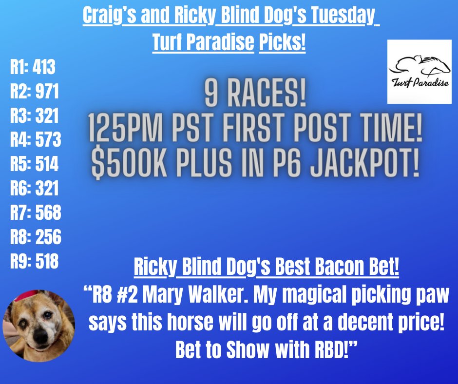 Ricky Blind Dog is back on the bacon trail today! And having looked at his @Brisnet PP's and placed his bet on the @TwinSpires app he is ready for a great day of racing action! The only question is...dare you ignore the sign of the paw?