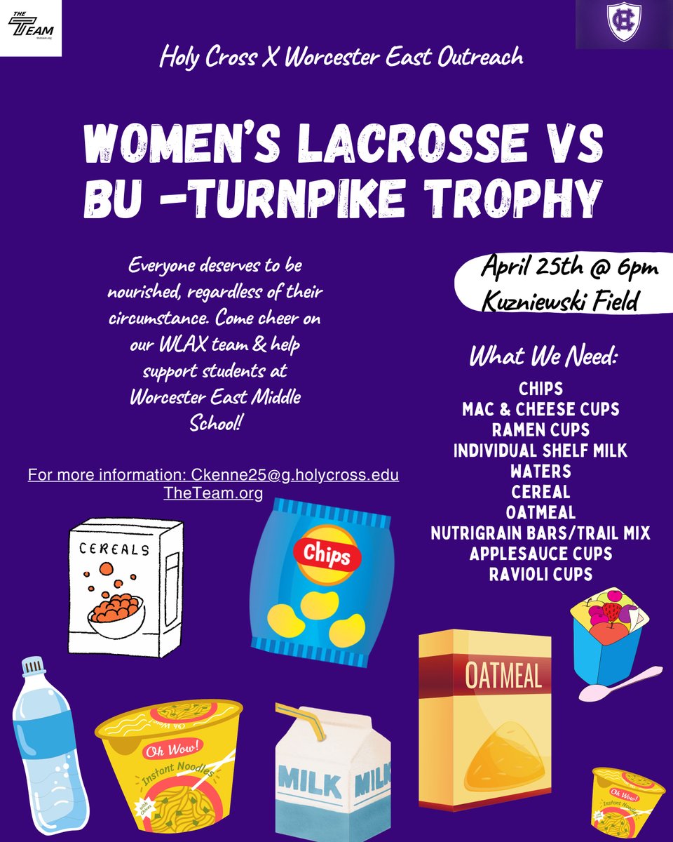 At this Thursday’s @HCrossWLax game against Boston U., we will be holding a food drive to benefit students at Worcester East Middle School who have been designated as at risk of food insecurity. Make sure to come out to cheer on the Crusaders and support the cause! #GoCrossGo
