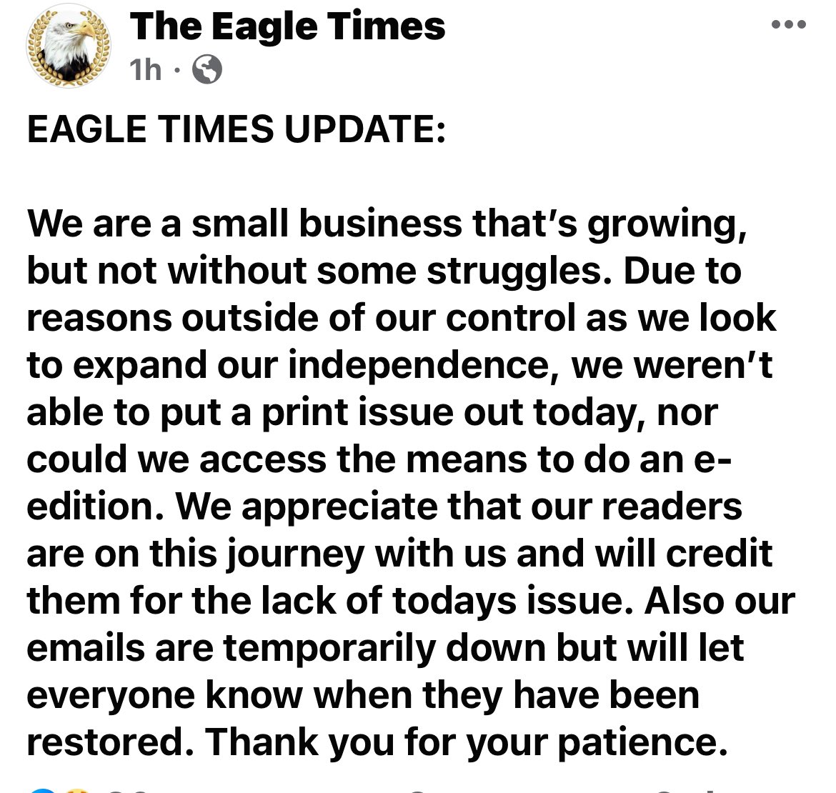 More troubling news from a local newspaper. The Eagle Times of Claremont just posted this on Facebook.