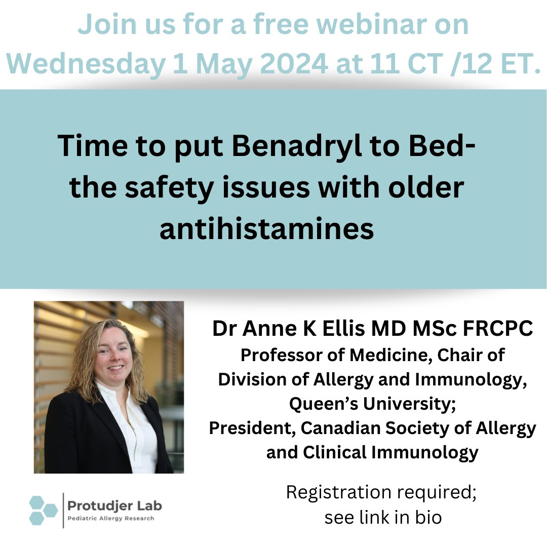 To kick off #foodallergy awareness month, we're hosting a free webinar on Wed 1 May 2024 at 11 CT / 12 ET (reg reqd - see bio) on the safety issues of older antihistamines, presented by <a href="/CSACI_ca/">CSACI</a> president <a href="/DrAnneEllis/">Dr. Ellis</a>