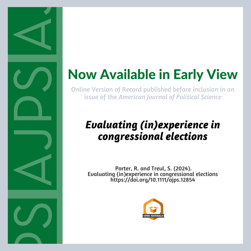 Evaluating (in)experience in congressional elections by Rachel Porter and Sarah A. Treul is now available in Early View. @rachel__porter ajps.org/2024/04/22/eva…