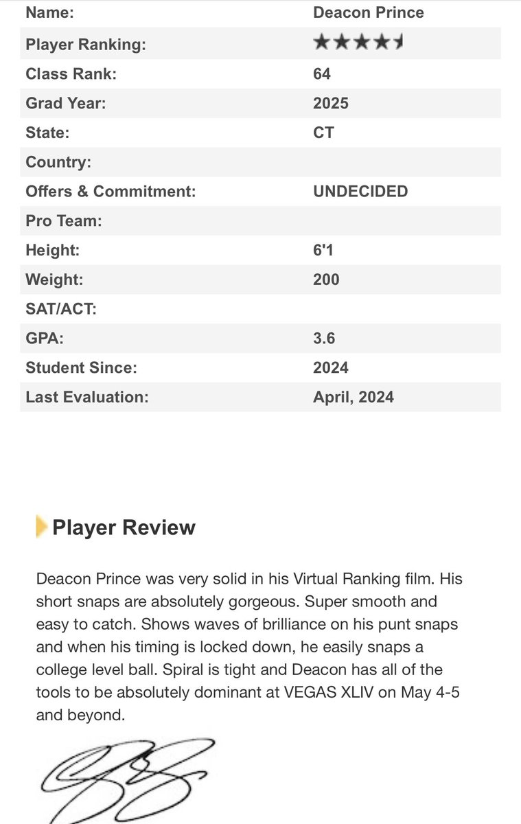 After a great ranking session, I’m blessed to be ranked a 4.5 ⭐️ Long snapper! Thank you @TheChrisRubio for the write up! Great start but there is still a lot of room for improvement! @JonathanWholley @AOF_Football @brendancahill_ @BobDecker49 @EvanDeck10