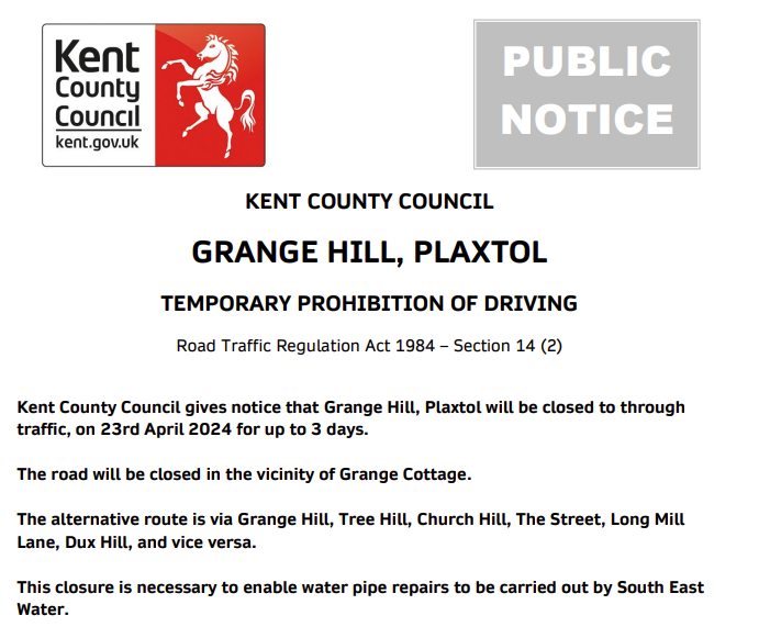 Plaxtol, Grange Hill. Road closure until 25th April for @sewateruk works: moorl.uk/?i5kg2v