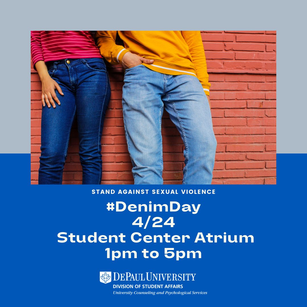 Join @DePaulUCAPS for #DenimDay on Wed 4/24 in The Stu from 1 to 5 pm. Pick up a denim ribbon to join this #sexualviolence #awareness campaign & challenge the myths surrounding sexual assault. Wearing denim is encouraged! denimday.org #TakeCareDePaul #DenimDay2024