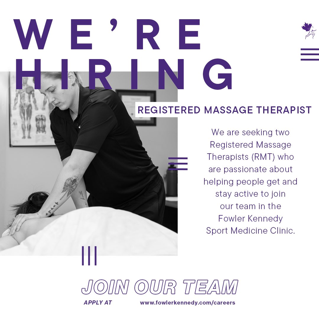 The Fowler Kennedy Sport Medicine Clinic is seeking 2️⃣ passionate Registered Massage Therapists (RMTs) to join our team. To learn more, follow the link below ⬇️ fowlerkennedy.com/careers/regist…