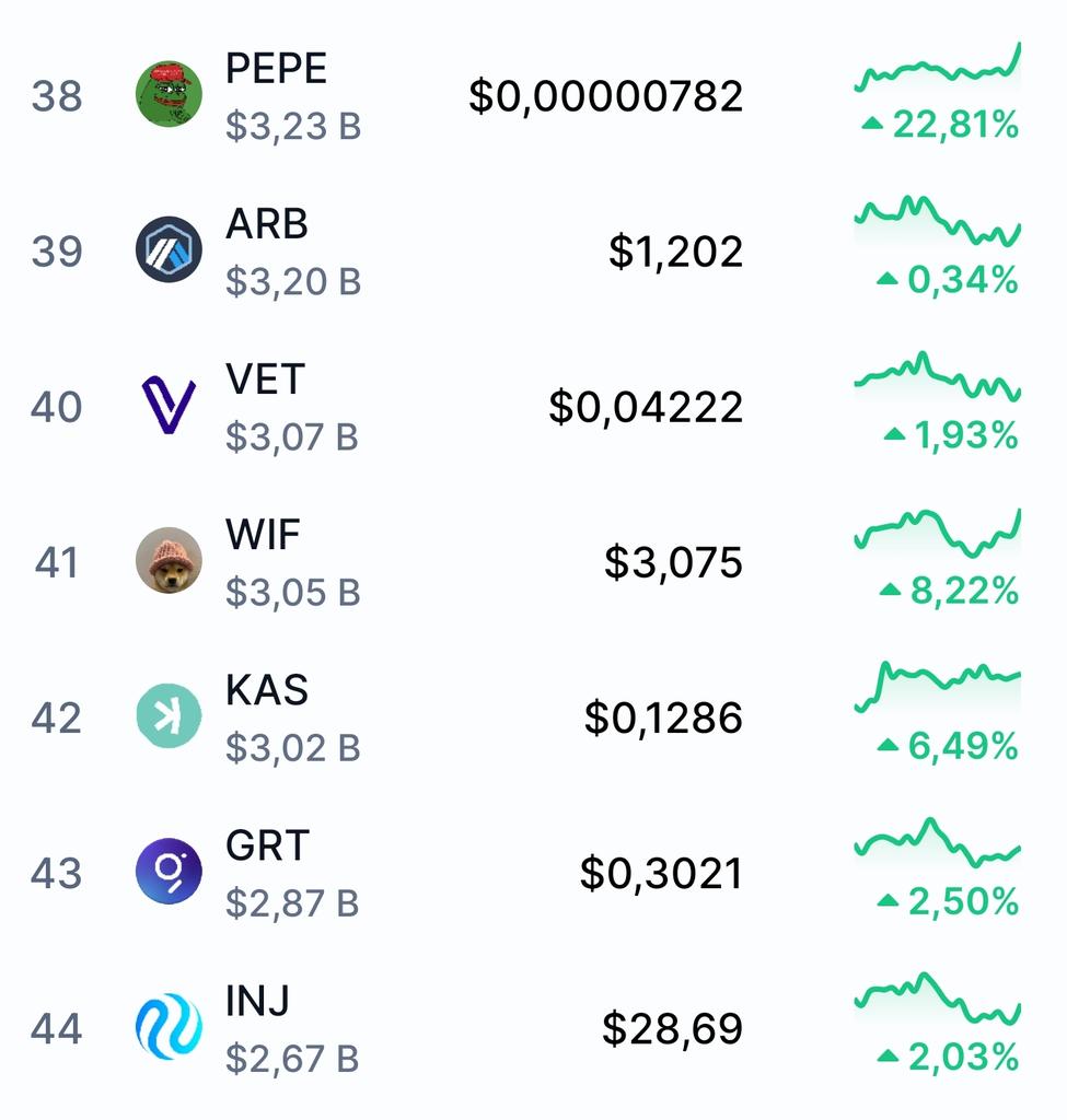 $PEPE just flipped $ARB, $VET, $WIF, $KAS, $GRT and $INJ.

You still think $PEPE won't be in the top 10 at some point? 🤣
