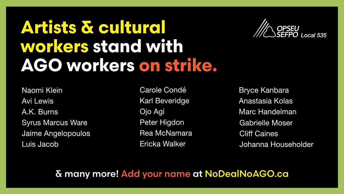 🚨 Calling all artists, writers, & cultural workers! 🚨 Members of OPSEU/SEFPO Local 535, @agotoronto workers, are fighting for a future at the gallery which includes them - but they can't do it alone. Scroll to read & sign onto the open letter at NoDealNoAGO.ca ✍️