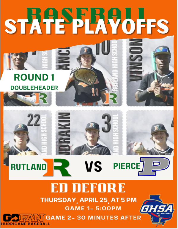 It’s Hurricane Season! RHS Baseball 1st Round State Playoffs ⚾️💚🧡
You don’t want to miss it! 🎟️ Tickets available on GoFan!