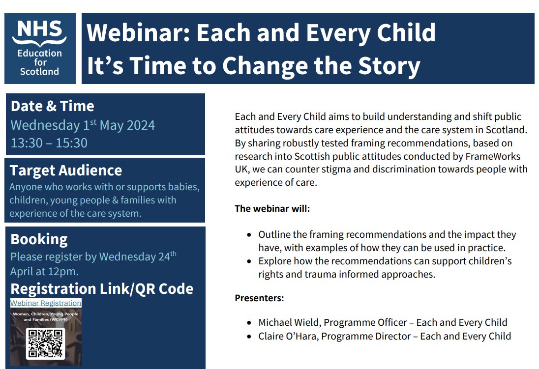 Please see details below of the @eacheverychild webinar. Don't miss out on this fantastic webinar exploring how we can support children, young people and families with experience of the care system