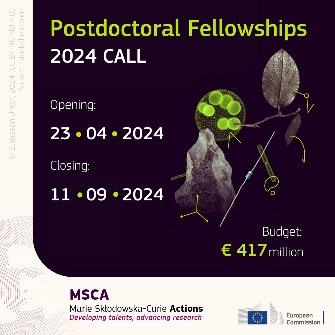 What calls open this week?

1️⃣Postdoctoral Fellowships
🟣Opens today, until 11 September
💸€417M

This flagship #MSCA call is a stepping stone for researchers' careers:
✅Gain skills with leading teams
✅Get international
✅Work across sectors

europa.eu/!8TwbVX

2/4🧵⤵️