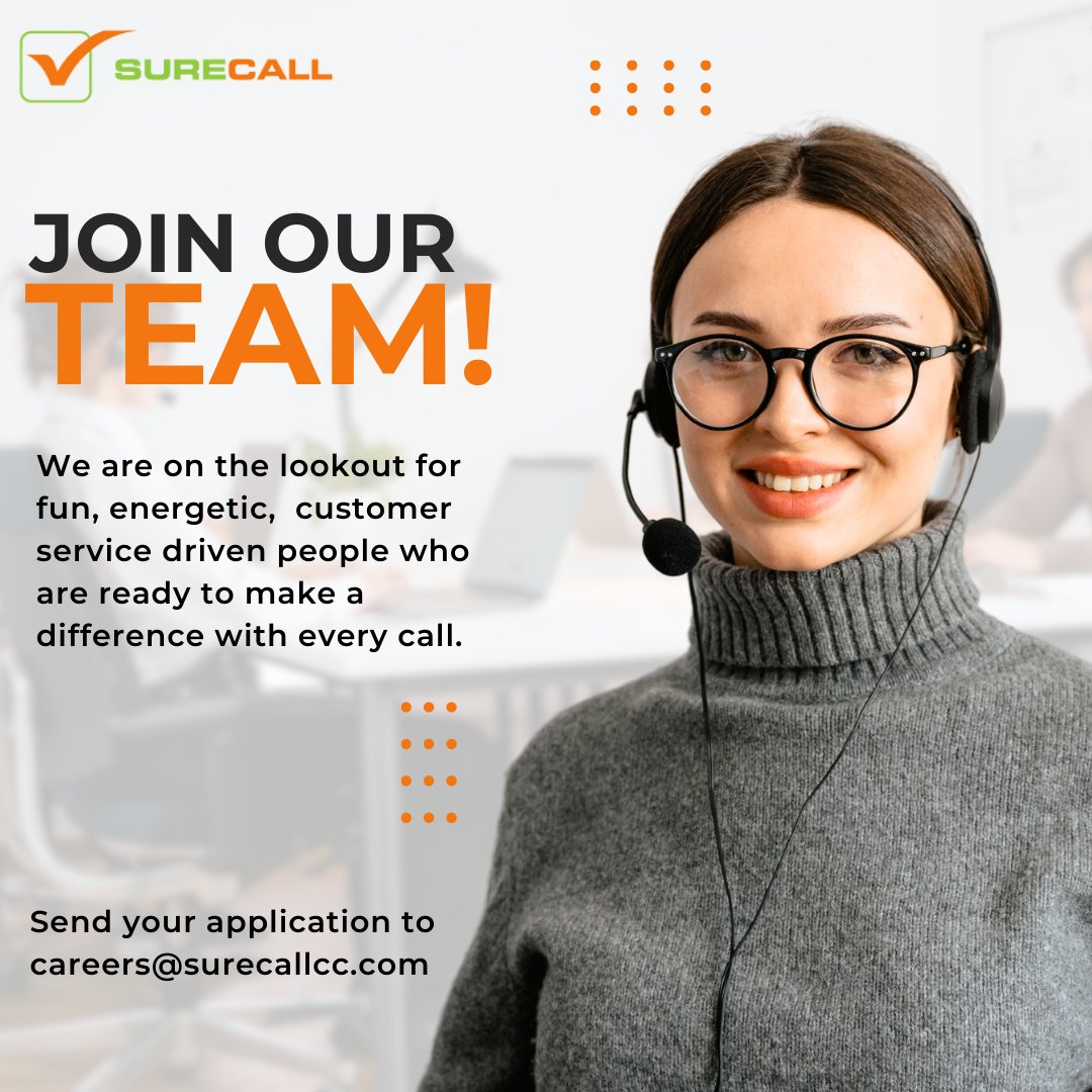 Looking to join a team of individuals that want to make a global impact?

Are you fun, energetic, and customer service driven?

Then you might just be the perfect fit for our team at SureCall Contact Centers. Send your application to careers@surecallcc.com

#calgaryjobs