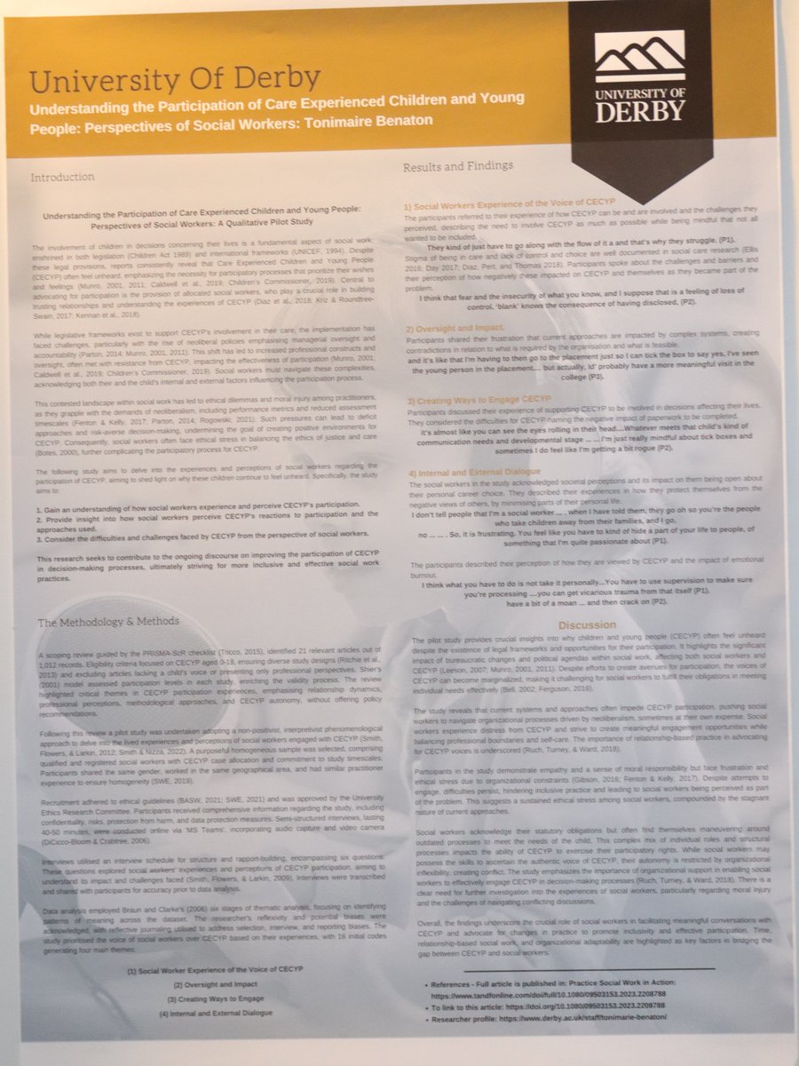 #PostersFromVilnius #SocialWorkresearch Understanding the Participation of Care Experienced Children and Young People: Perspectives of Social Workers Tonimaire Benaton #ECSWR24