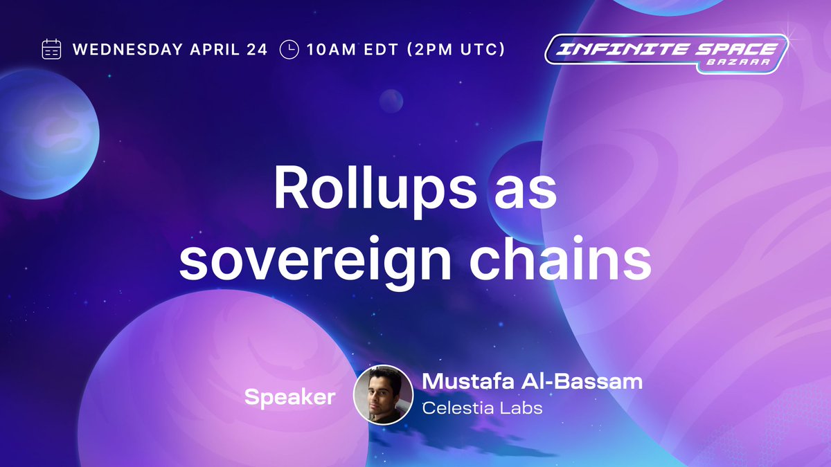 What are sovereign rollups? And how are they different from rollups on Ethereum? Join @musalbas for an introduction to rollups as sovereign chains. Tune in today, 10am EDT (2pm UTC) for the livestream. ⏰ youtu.be/iPeZfbHTTpE