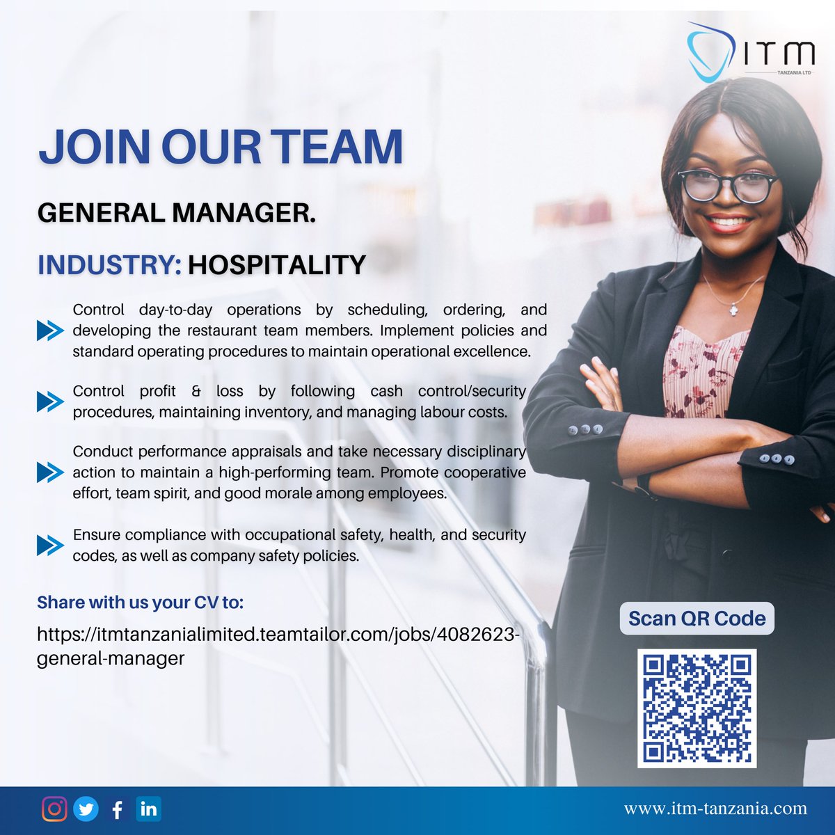 Join Our Team 

Position: General Manager

Location: Dar es Salaam

Apply Now: itmtanzanialimited.teamtailor.com/jobs/4082623-g…

ONLY SHORTLISTED CANDIDATES WILL BE CONTACTED

#ITMTanzania

#WeAreITM
