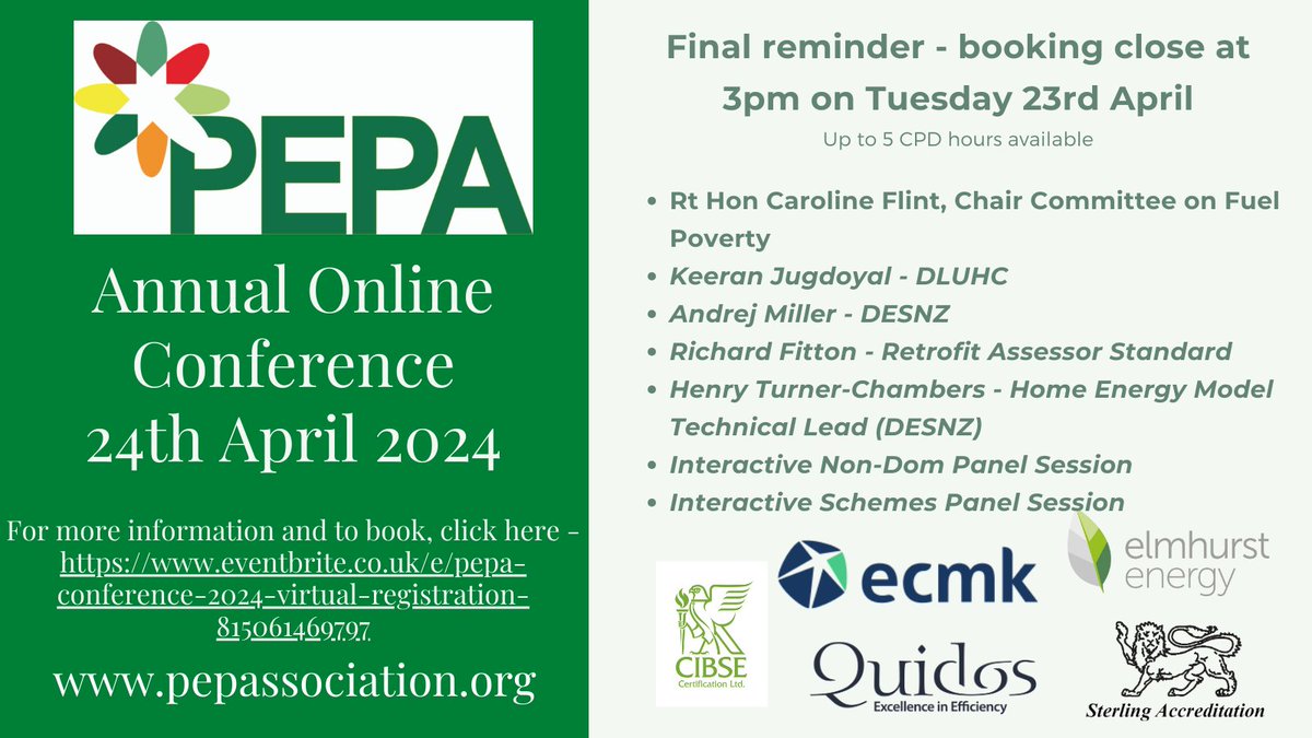 Final call for bookings for tomorrow's <a href="/PEPA_LTD/">PEPA</a> Online Conference - eventbrite.co.uk/e/pepa-confere… #energyassessor #epc