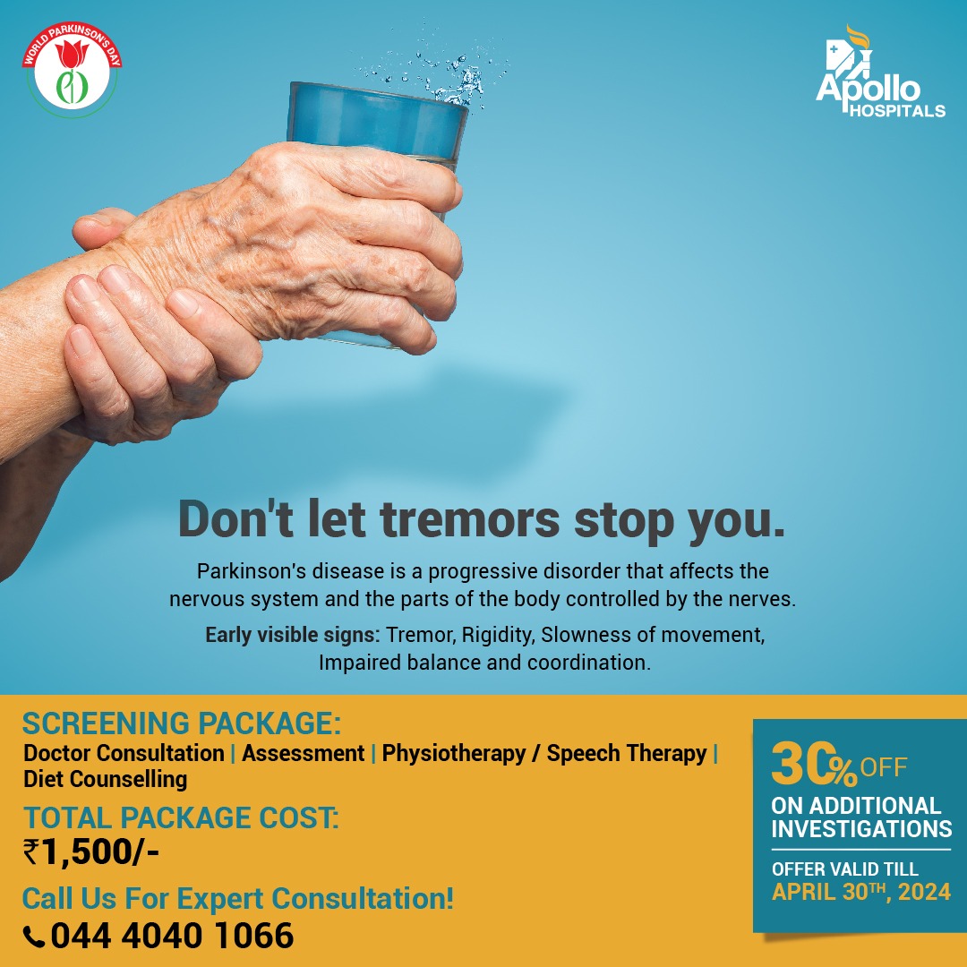 Avail our #ParkinsonsScreeningPackage for just Rs. 1500, with an additional 30% off on further investigations! If you experiencing symptoms like tremors, rigidity, slow movement, or impaired balance, visit us to take advantage of this offer and receive expert consultation.