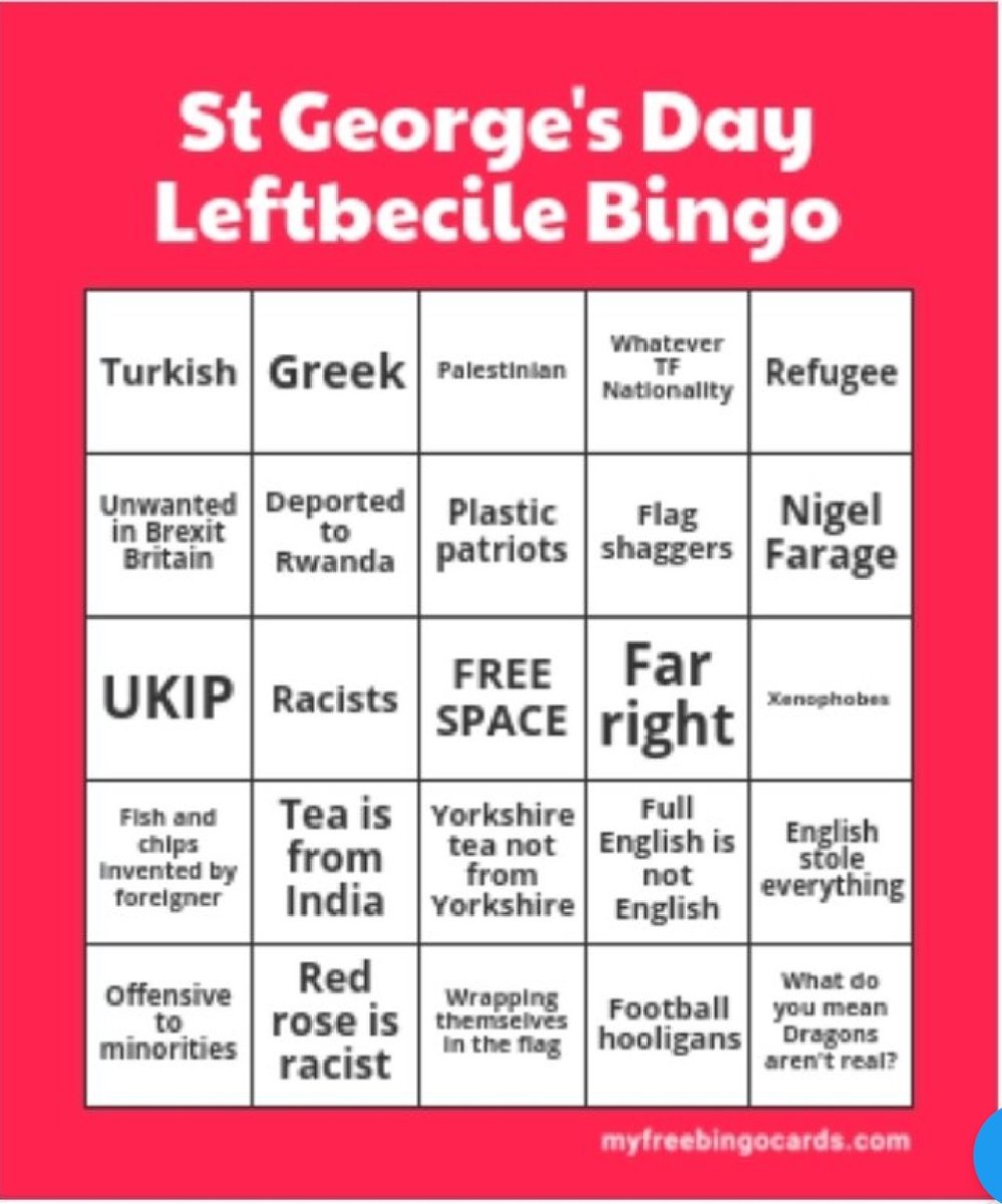 Beloved followers, here is a St George's Day Bingo card I made a couple of years ago. Not much change. Bonus point for: 'St George would have been a boat person.' Anyone pintable in Hastings later, lemme know. St Leonards is a hotbed of incest and cannibalism, so best avoided.