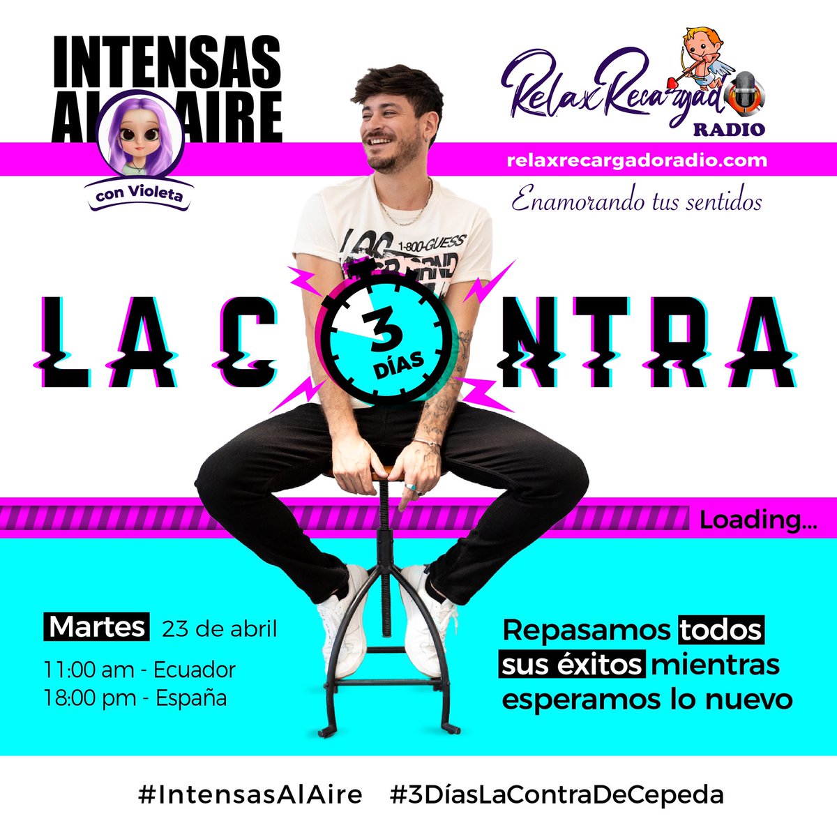 IntensasConArte's tweet photo. Recordatorio para todos los amantes de la #Musica de #LuisCepeda.
Hoy es #Martes y recuerden que a las 11:00 Hora #Ecuador -- 18:00 Hora #España -- 12:00 Hora #Bolivia --10:00 Hora #Mexico comienza las #IntensasAlAire !!
No puedes faltar!
#3DiasLacontraDeCepeda https://t.co/7VFRmYNQ6O