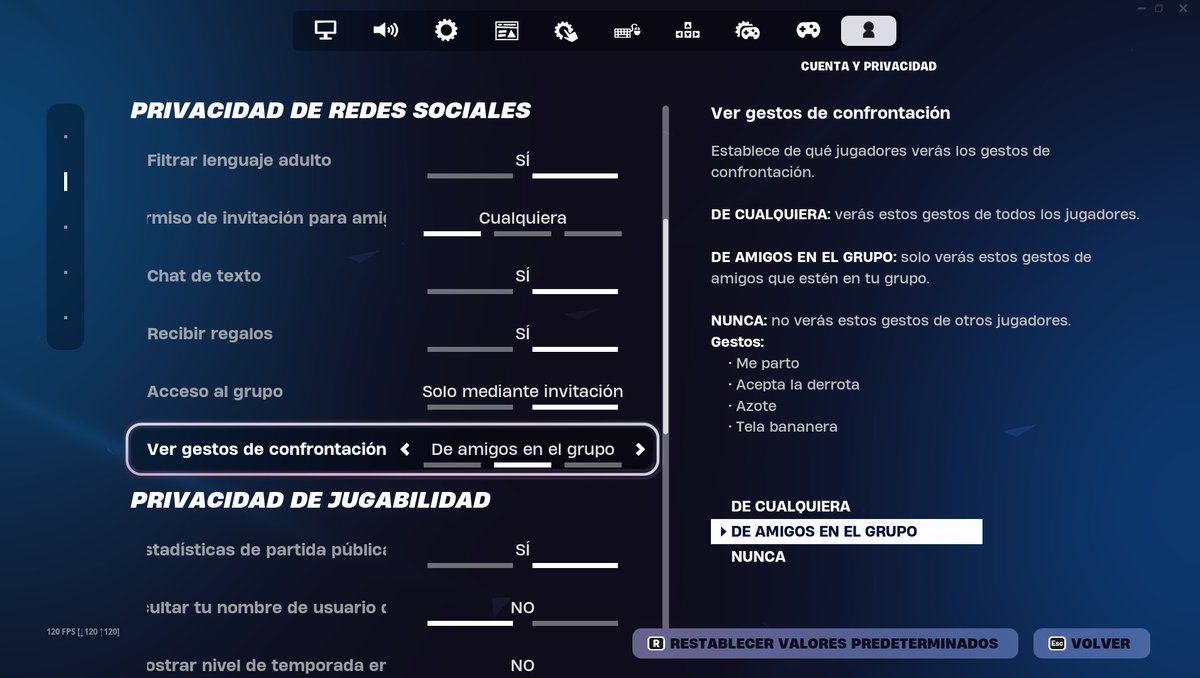 El nuevo ajuste de 'Ver gestos de confrontación' está activado por defecto, por lo que si no lo desactivas no verás a los demás hacer esos gestos. #Fortnite