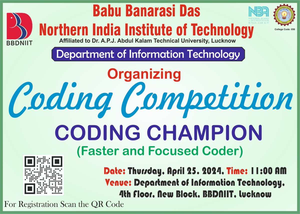 '📷 Calling all BBDNIIT students! Don't miss out on 'Coding Champion', our exciting coding competition happening on April 25th, 2024, from 11:00 AM onwards. Join us in Room No.-502, New Block, BBDNIIT, Lucknow #CodingChampions #bbdniit #javaquiz #BBD #bbduniversity #bbdniit