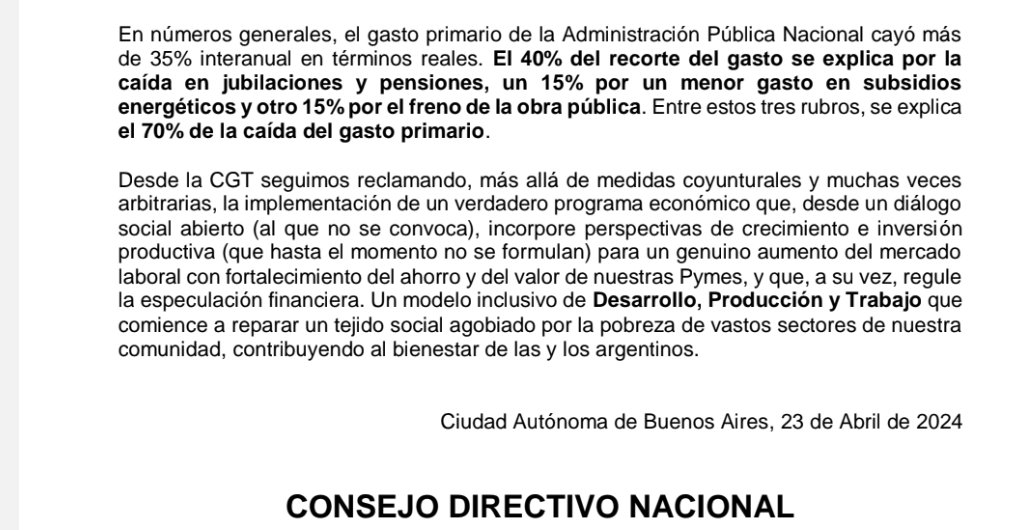 ❌ LO QUE LE FALTA CONTAR AL GOBIERNO NACIONAL Ante las expresiones por Cadena Nacional de Radio y Televisión que llevara delante el presidente de la Nación anoche donde se refiriera al denominado Superávit Fiscal, la CGT debe exponer algunas consideraciones al respecto.