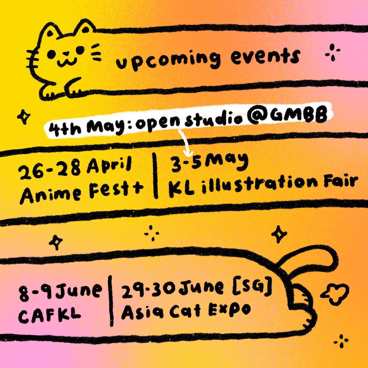 2ndfloorneko's tweet photo. Here’s the list of upcoming events until June. I’ll also be doing a small studio opening soon for the public to visit hehe, will share more details in a separate post! Cant wait! 🐈 https://t.co/u6rF0ojWGa
