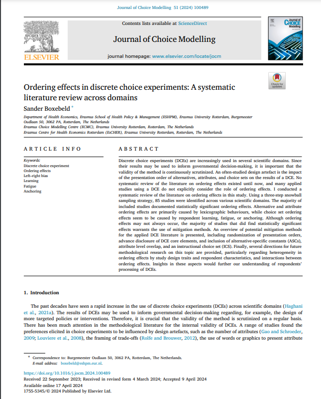 sanderboxebeld's tweet photo. *new paper out in Journal of Choice Modelling*
Do you conduct discrete choice experiments (DCEs)? And do you consider the impact that the presentation order of alternatives, attributes and choice sets may have on the elicited preferences?
@ECMC_EUR 
https://t.co/gOjW55yENH https://t.co/z0xRAbIw5x