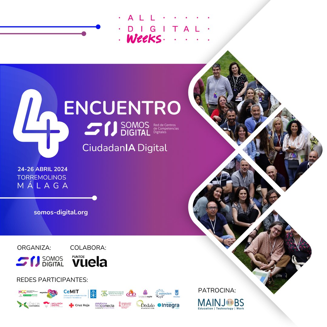 En el marco del 4 Encuentro Somos Digital #ciudadanIAdigital se presentará las actividades de @SomosDigital_ #nacionalpartner para la #AllDigitalWeeks organizada por @AllDigitalEU  del 13 al 31 de mayo.
alldigitalweeks.eu