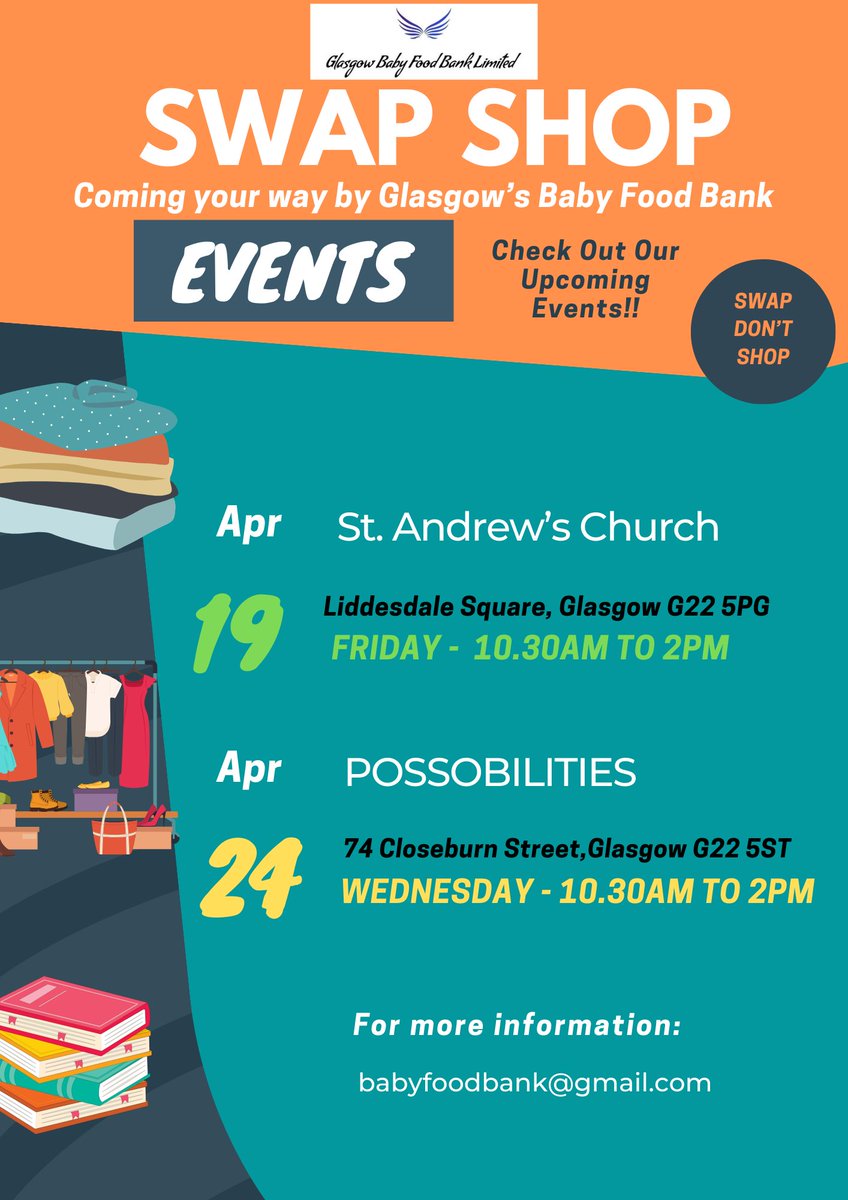 Glasgow Baby Food Bank is hosting a Swap Shop at @Possobilities tomorrow Wednesday 24 April from 10.30am - 2pm All are welcome!