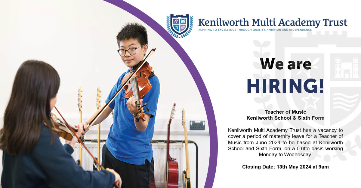 We are currently hiring a Teacher of Music

kmat.org.uk/3466/vacancies…

Closing date: 9am on 13th May 2024

@kenilworthSch

#TWA #KMAT #Teachingjobs #recruitment #educationcareer #educationjobs #teachingopportunities #warwickshire #music #musicteacher #musicjobs