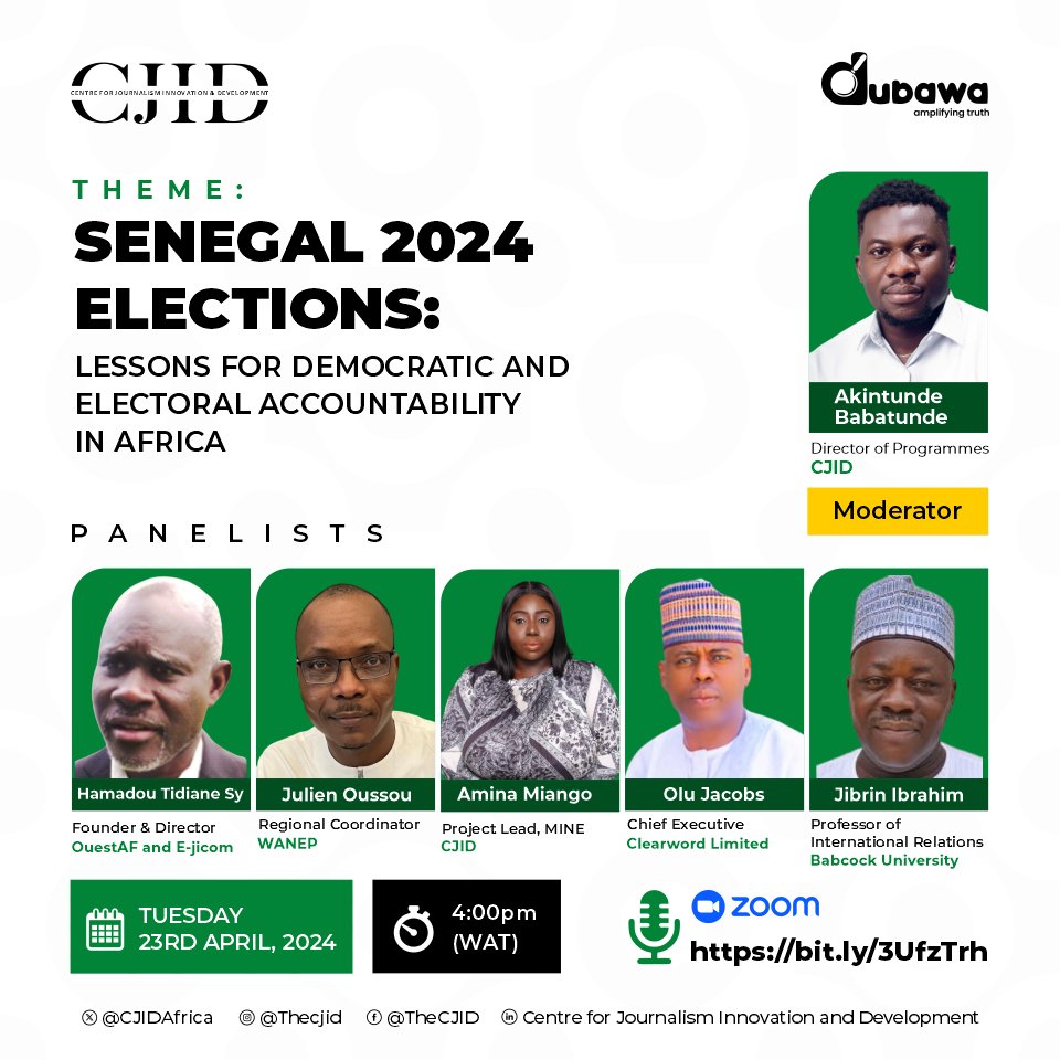 Today is the day! Join us later in the day for our webinar on Senegal’s 2024 Elections and Lessons for Democratic Accountability in Africa! In just a few hours, we will be bringing together an expert panel from @ouestafnews, @Wanep_Senegal @DubawaFR, @PremiumTimesng, Clearword…