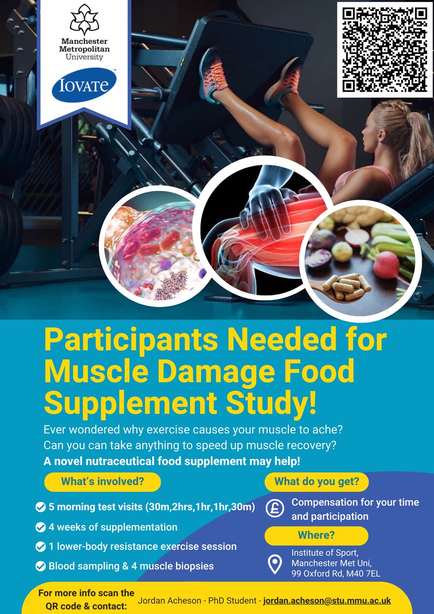 Recruitment is now underway for our nutraceutical supplement study in partnership with @IovateBrands! Lots of cool mechanistic analyses planned for this one with @nathanhodson5. Anyone local to @McrInstSport who would be interested in taking part, please reach out!