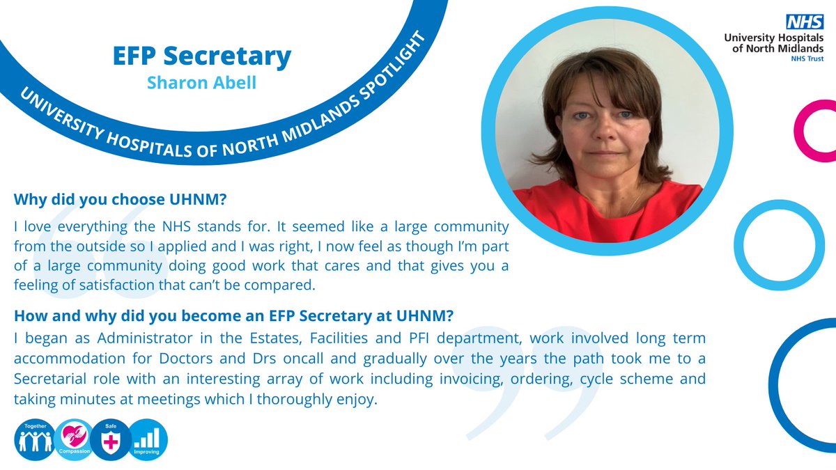 Meet Sharon, EFP Secretary!👋 This weeks @UHNM_NHS spotlight!🔦 'I now feel as though I’m part of a large community doing good work that cares and that gives you a feeling of satisfaction that can’t be compared.'💬💙 #MyUHNMcareer⭐️