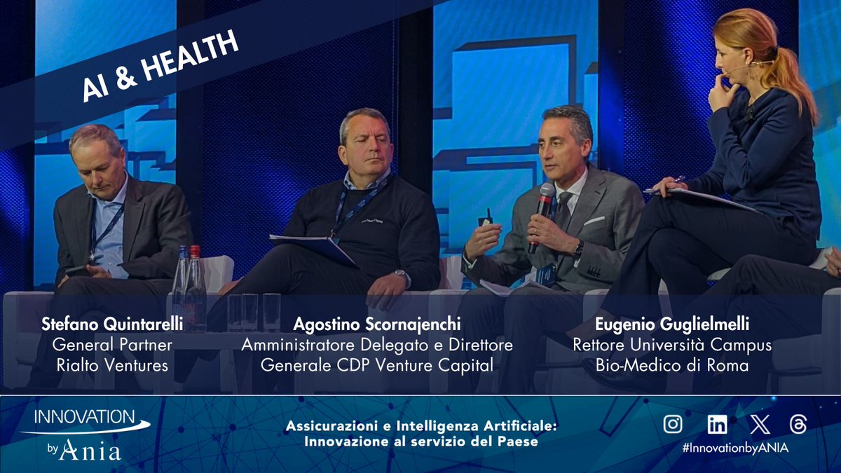 #InnovationbyANIA  - Sessione AI &amp; Health
Sul palco: Eugenio Guglielmelli, Rettore Università Campus Bio-Medico di Roma; Stefano Quintarelli, General Partner Rialto Ventures; Agostino Scornajenchi, Amministratore Delegato e Dir Generale CDP Venture Capital
<a href="/eugeniogug/">Eugenio Guglielmelli</a> @Campus