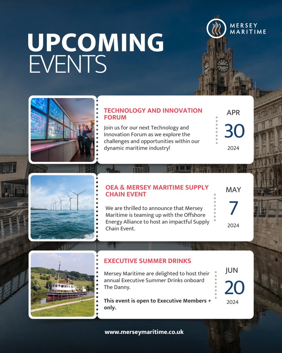 At Mersey Maritime, we have plenty of exciting events open to our members in coming months including: 🚢Technology and Innovation Forum 👥OEA & Mersey Maritime Supply Chain Event ☀️Executive Summer Drinks To register and find out more, please visit: hubs.ly/Q02tLlCm0