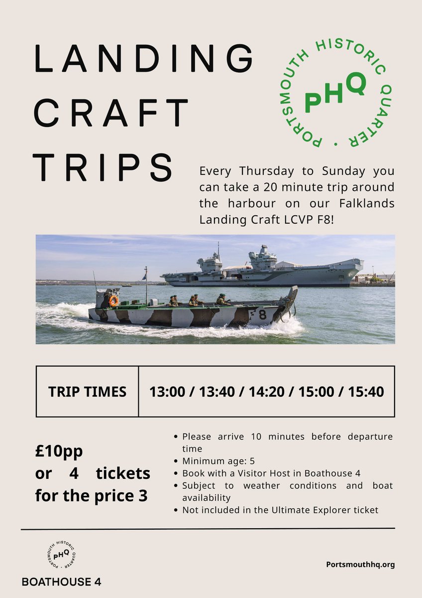 Our very popular Landing Craft F8 trips are starting to book up very fast, especially during our Pontoon Open Weekend on the 11th and 12th of May!

DM us to pre-book your spaces!👈

#portsmouth #Hampshire #royalnavy #Falklands #history #militaryhistory #navalhistory #heritage #UK