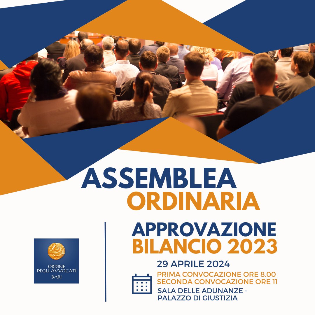 Si terrà lunedì 29 aprile, in prima convocazione alle 8 e in seconda alle 11 nella Sala delle Adunanze, l'assemblea ordinaria delle #avvocate e degli #avvocati iscritti all'Ordine di #Bari.
All'ordine del giorno l'approvazione del bilancio consultivo 2023.