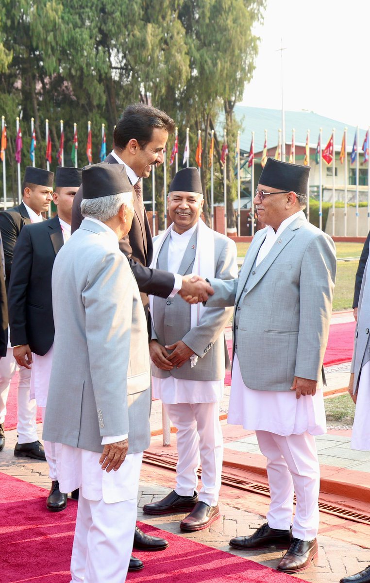 Honoured to welcome His Highness Sheikh @TamimBinHamad, Amir of the State of Qatar to Kathmandu. The visit marks a significant step in strengthening the bond of friendship and cooperation. Excited for productive discussions ahead to deepen our bilateral ties even further.