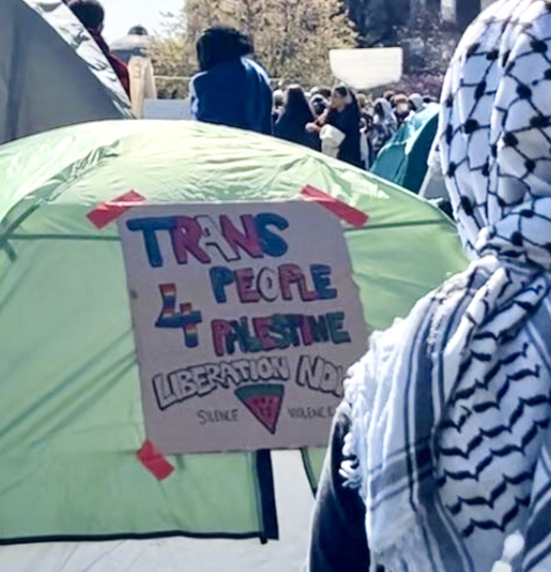 A tent at the Columbia ‘Liberation Zone’ encampment features a sign reading: 

‘Trans People 4 Palestine.’ 

In Palestine, anyone suspected of being Trans or LGBTQI+ can receive 10 years in jail and face street mob lynchings. 

📸 @RIKKISCHLOTT