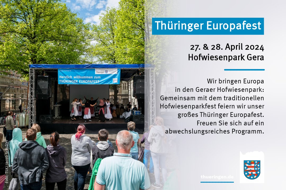 Thüringer Europafest 2024 in Gera

Am Samstag, 27. April 2024, und Sonntag, 28. April 2024 bringen wir #Europa in den Geraer Hofwiesenpark: Gemeinsam mit dem traditionellen Hofwiesenparkfest feiern wir unser großes #ThüringerEuropafest. Ein abwechslungsreiches Programm erwartet