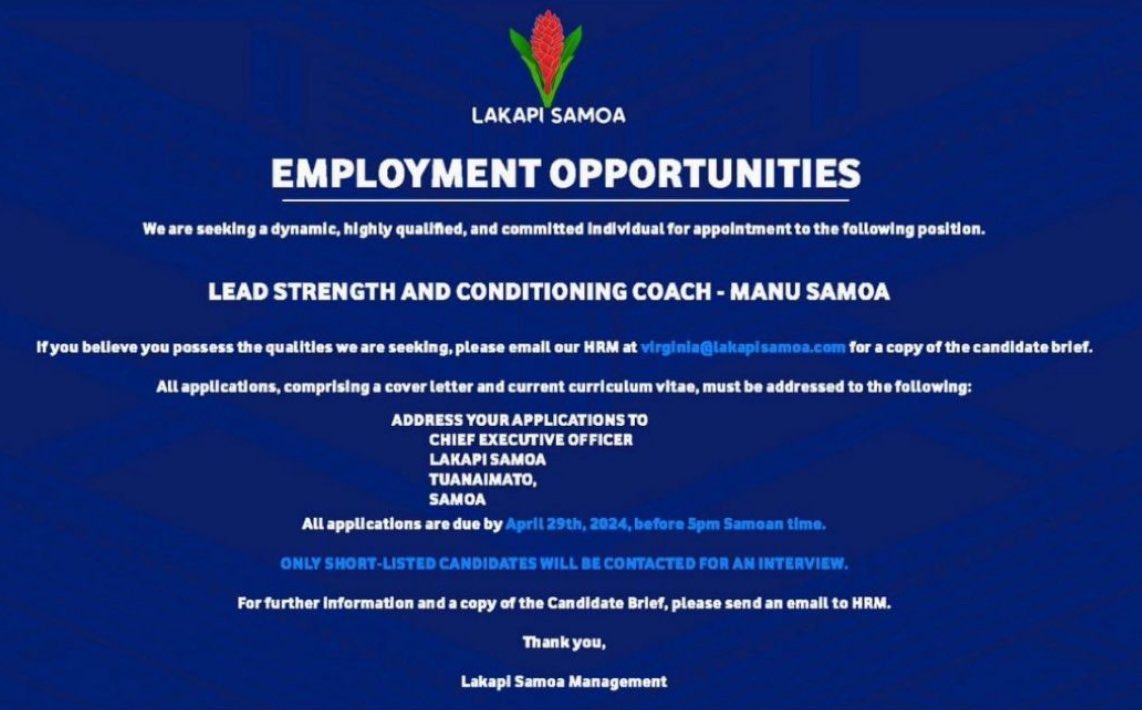 Manu Samoa, Lead S&C Coach, part-time. Further details at the picture.