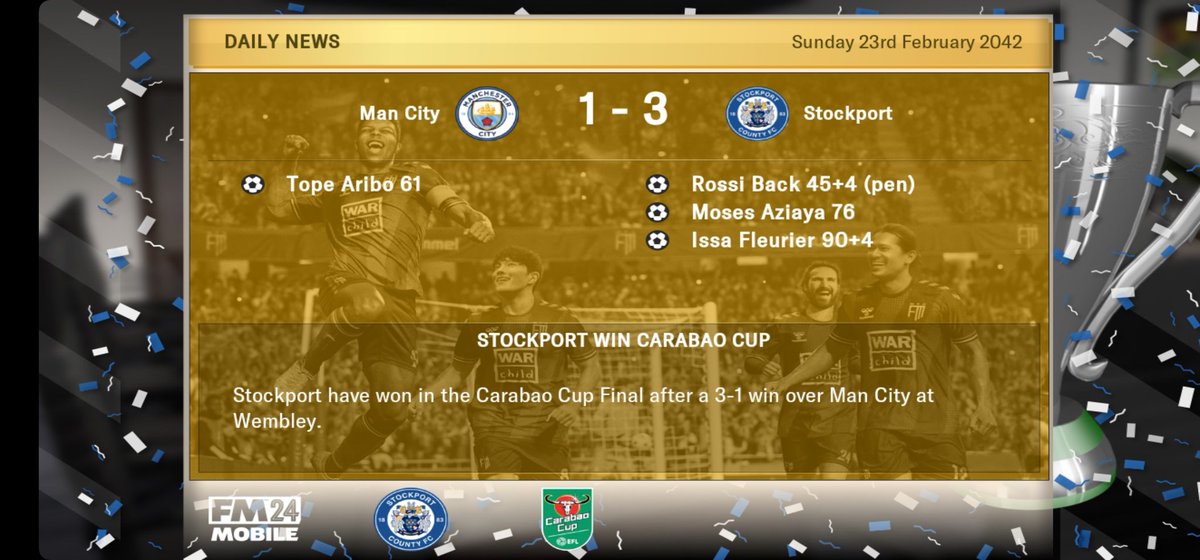 It's 2042 as I celebrate my 2nd quadruple with @StockportCounty on @FMMobile_ as well as a treble a few years back. Pure scenes, haha. 🏆🏆🏆🏆 @nocontextfm1 @FootballManager ⚽️