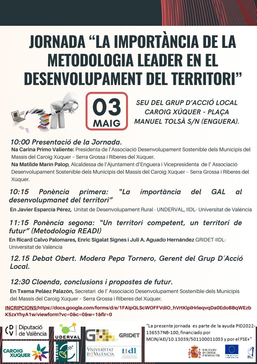 GXuquer's tweet photo. 📷 JORNADA "La importància de la metodologia Leader en el Desenvolupament del Territori".
-
📷 Divendres 3 de maig a les 10:00 hores.
📷 Casa de la Cultura de Enguera. Plaça manuel Tolsà s/n.
📷Incripcions: https://t.co/AsmQmSomNx https://t.co/sOLQHltxyy