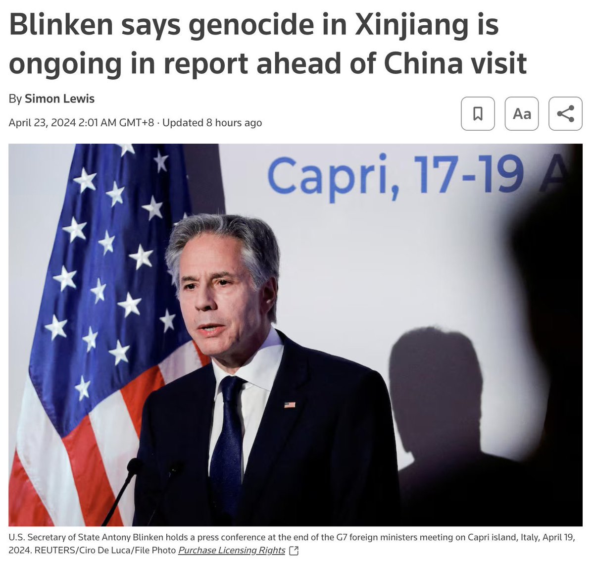 “We will scream XINJIANG GENOCIDE, until you do what we want re: Russia, Iran, exports etc.” When US establishment lies, it doesn’t get banned on social media for spreading disinformation. Because, global social media are run by Americans. Blinken is just using blackmail