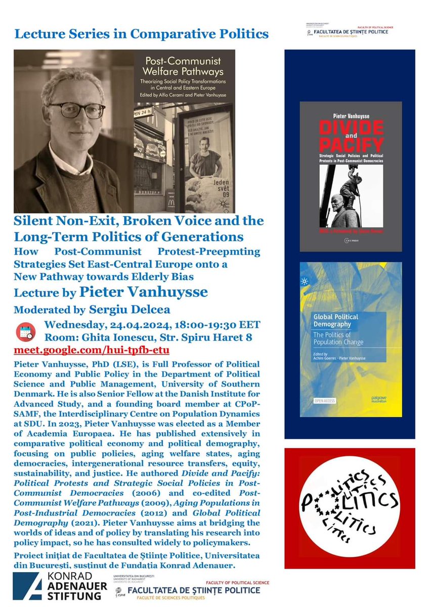 DaWS_SDU's tweet image. "Silent Non-Exit, Broken Voice &amp;amp; the Long-Term Politics of Generations": talk tomorrow by @DaWS_SDU @DanishIAS prof &amp;amp; @iseglisbon visiting prof @PieterVanhuysse in the #comparative #politics series at U Bucharest, organized with @KASonline Konrad-Adenauer Stiftung
#ECE #policy