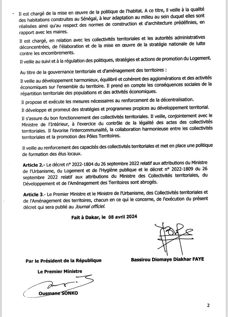 Décret relatif aux attributions du Ministre de l’Urbanisme, des Collectivités territoriales et de l’Aménagement des territoires 
#Sonko1 #sonkodiomaye #diomayepresident