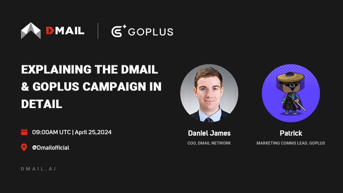 🥳Dmail Talk with @GoPlusSecurity is Scheduled! 📢Topic: Explaining how to earn EB rewards in Dmail & GoPlus campaign🪂 ⏲9 AM UTC, 25th Apr 🤠Guest: Patrick Marketing Comms Lead, GoPlus 👉Set a reminder: x.com/i/spaces/1YqKD…