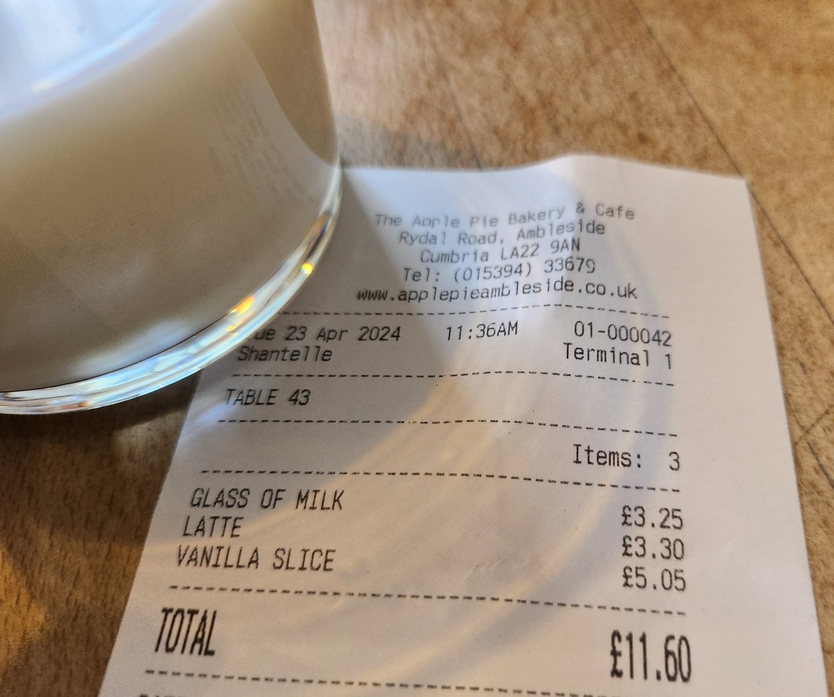 MILK-SHAKE-DOWN!
The Apple Pie Bakery & Cafe in Rydal Road, Ambleside, Cumbria, LA22 9AN. Small glass of milk... £3.25p. No wonder some people are lactose intolerant!