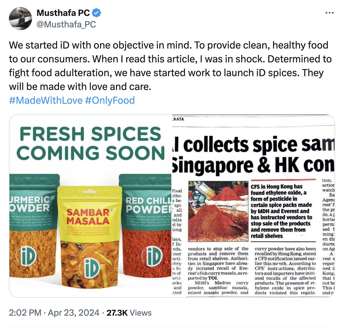 Any other masala brand (other than Everest and MDH) could have 'used' the news to proclaim themselves to be 'pure', 'clean,' and 'free from chemicals', in comparison. They did not (at least not yet), but it is disappointing to see iD, of all companies, jump into fray by 'using'…
