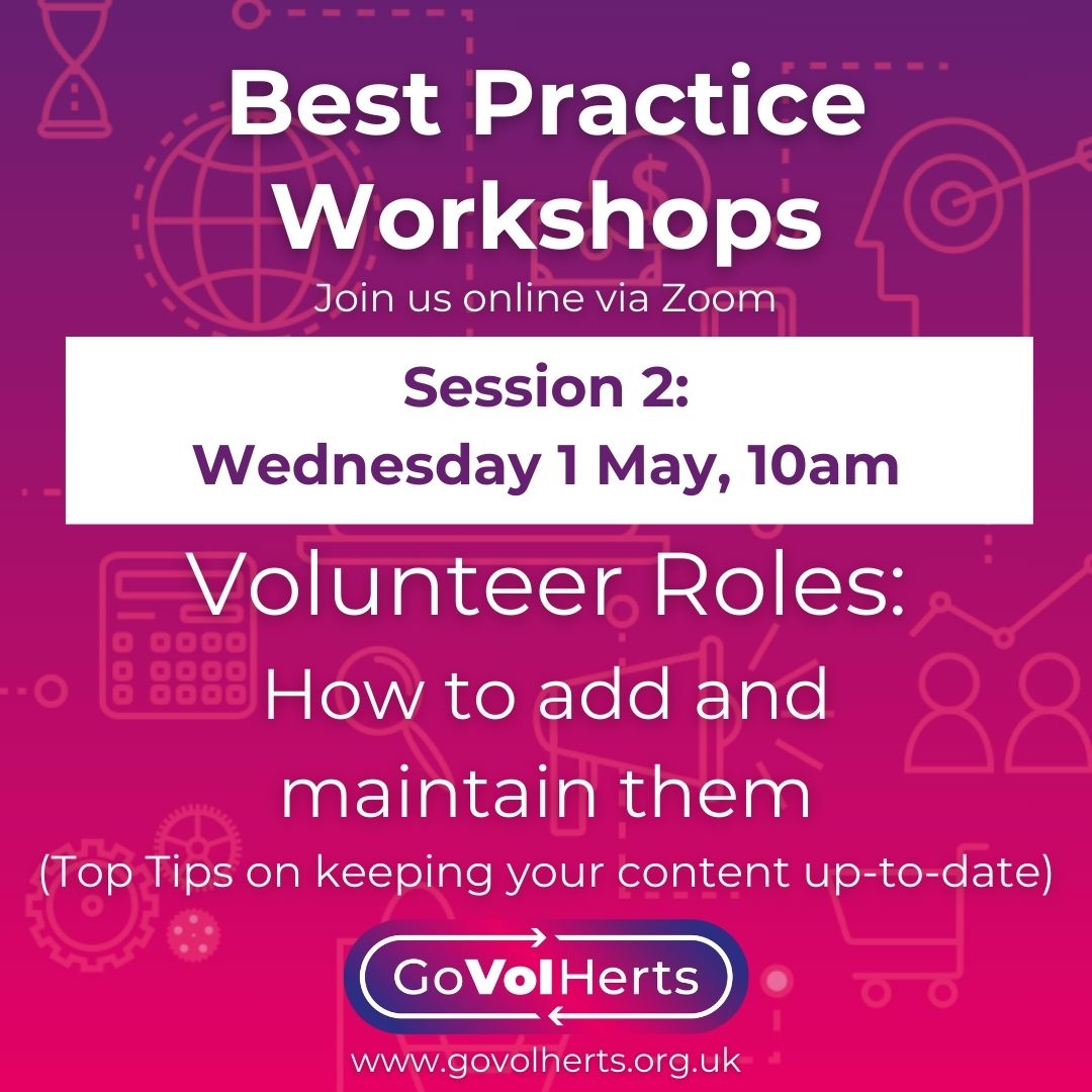 Did you know, we are running informal mini Best Practice Workshops for organisations? Join us for session 2, Weds 1 May at 10am, and learn how to add and maintain volunteer roles on your GoVolHerts profile page. Register now: forms.office.com/e/u0J4nF4PPN to join us on Zoom #training